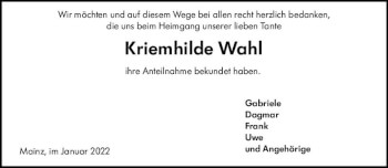 Traueranzeige von Kriemhilde Wahl von vrm-trauer AZ Mainz