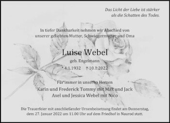 Traueranzeige von Luise Webel von vrm-trauer Wiesbadener Kurier