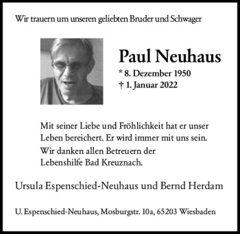 Traueranzeige von Paul Neuhaus von vrm-trauer Allg. Zeitung Bad Kreuznach