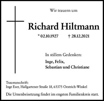 Traueranzeige von Richard Hiltmann von vrm-trauer Wiesbadener Kurier