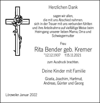 Traueranzeige von Rita Bender von vrm-trauer AZ Mainz