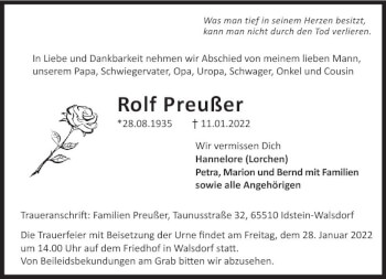 Traueranzeige von Rolf Preußer von vrm-trauer Idsteiner Zeitung