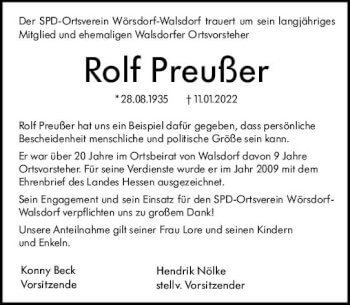Traueranzeige von Rolf Preußer von vrm-trauer Idsteiner Zeitung