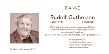 Traueranzeige von Rudolf Guthmann von vrm-trauer Rüsselsheimer Echo / MainSpitze