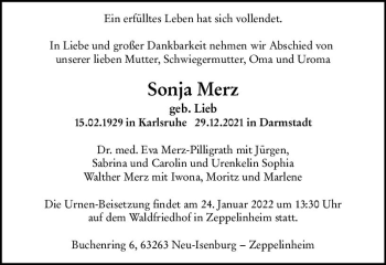 Traueranzeige von Sonja Merz von vrm-trauer Darmstädter Echo