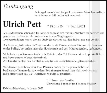 Traueranzeige von Ulrich Pett von vrm-trauer AZ Mainz