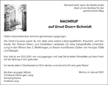 Traueranzeige von Ursel Doerr-Schmidt von vrm-trauer Allg. Zeitung Bad Kreuznach