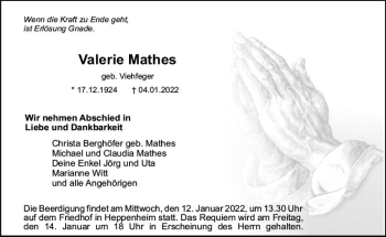 Traueranzeige von Valerie Mathes von vrm-trauer Bürstädter/Lamperth. Ztg/Starkenburger