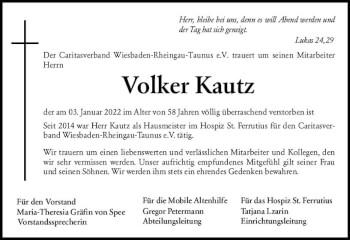 Traueranzeige von Volker Kautz von vrm-trauer WK-UTA