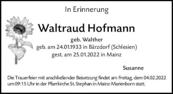 Traueranzeige von Waltraud Hofmann von vrm-trauer AZ Mainz