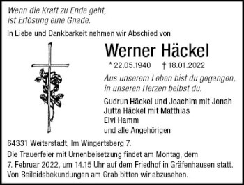 Traueranzeige von Werner Häckel von vrm-trauer Darmstädter Echo