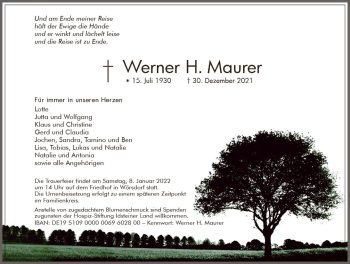 Traueranzeige von Werner H. Maurer von vrm-trauer Idsteiner Zeitung