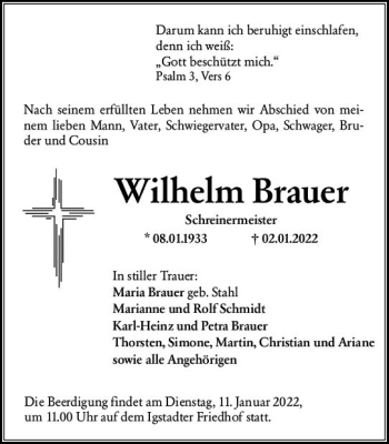 Traueranzeige von Wilhelm Brauer von vrm-trauer Wiesbadener Kurier