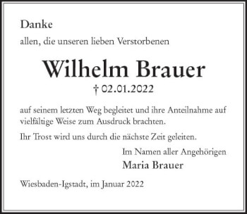 Traueranzeige von Wilhelm Brauer von vrm-trauer Wiesbadener Kurier