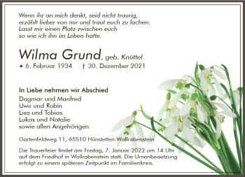 Traueranzeige von Wilma Grund von vrm-trauer Idsteiner Zeitung