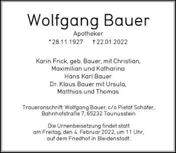 Traueranzeige von Wolfgang Bauer von vrm-trauer Wiesbadener Kurier