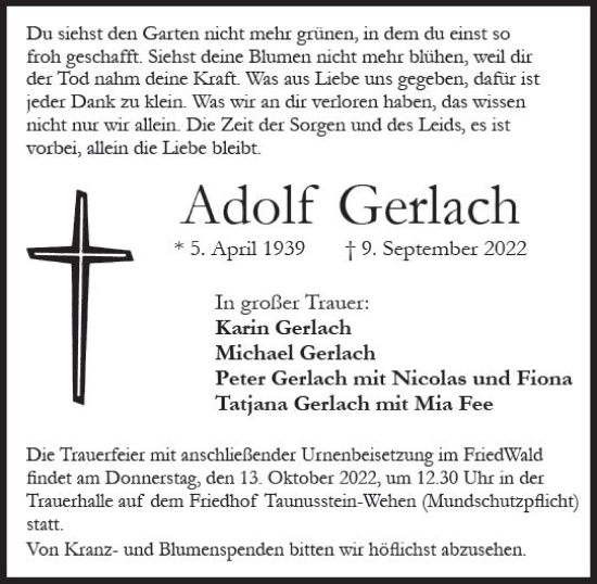 Traueranzeige von Adolf Gerlach von vrm-trauer Wiesbadener Kurier