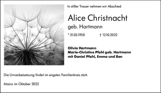 Traueranzeige von Alice Christnacht von vrm-trauer AZ Mainz