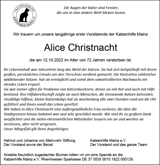 Traueranzeige von Alice Christnacht von vrm-trauer Rüsselsheimer Echo / MainSpitze