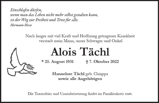 Traueranzeige von Alois Tächl von vrm-trauer Idsteiner Zeitung
