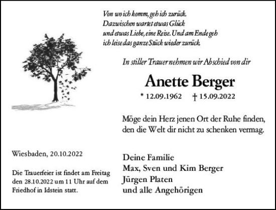 Traueranzeige von Anette Berger von vrm-trauer Wiesbadener Kurier