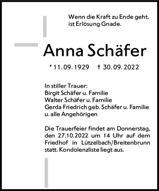 Traueranzeige von Anna Schäfer von vrm-trauer Odenwälder Echo
