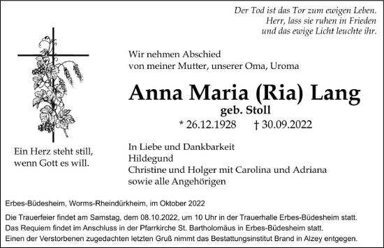 Traueranzeige von Anna Maria Lang von vrm-trauer Allgemeine Zeitung Alzey