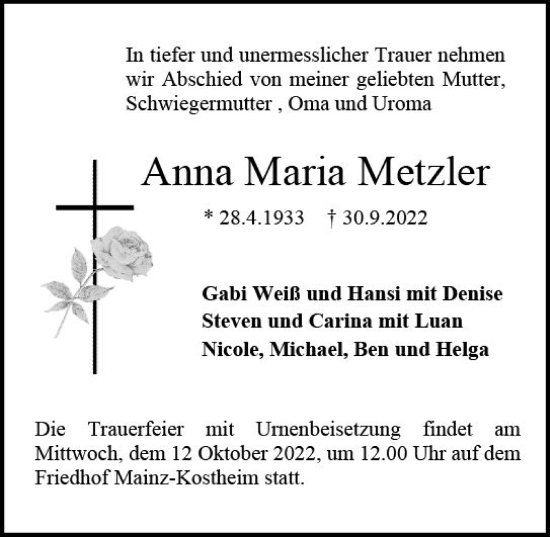 Traueranzeige von Anna Maria Metzler von vrm-trauer AZ Mainz