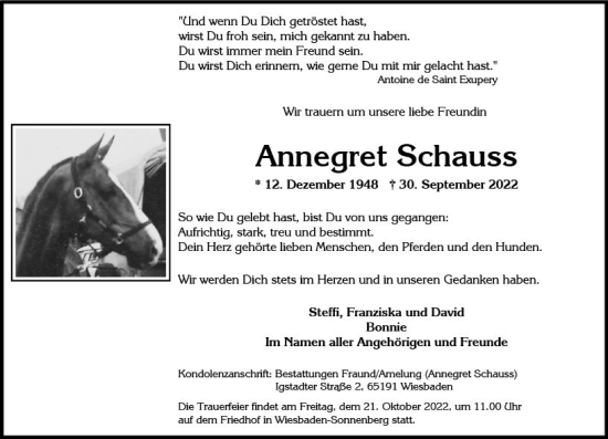 Traueranzeige von Annegret Schauss von vrm-trauer Wiesbadener Kurier