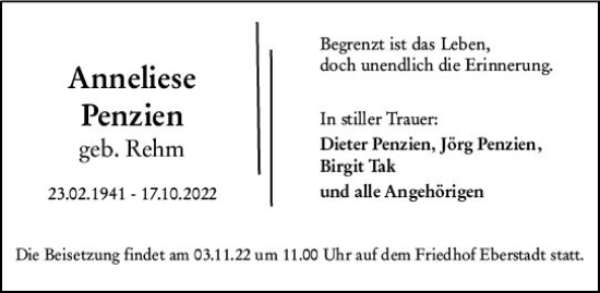 Traueranzeige von Anneliese Penzien von vrm-trauer Darmstädter Echo