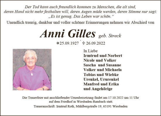 Traueranzeige von Anni Gilles von vrm-trauer Wiesbadener Kurier