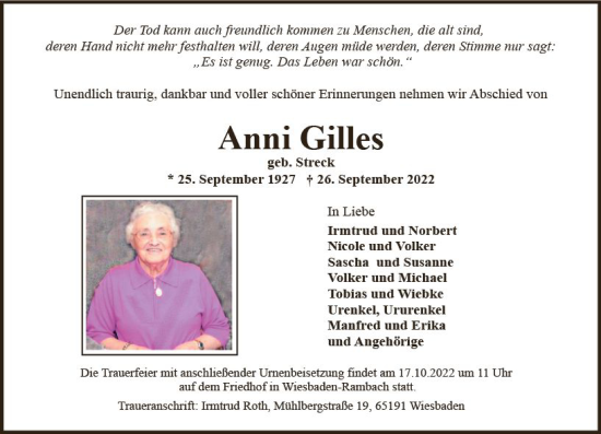 Traueranzeige von Anni Gilles von vrm-trauer Wiesbadener Kurier