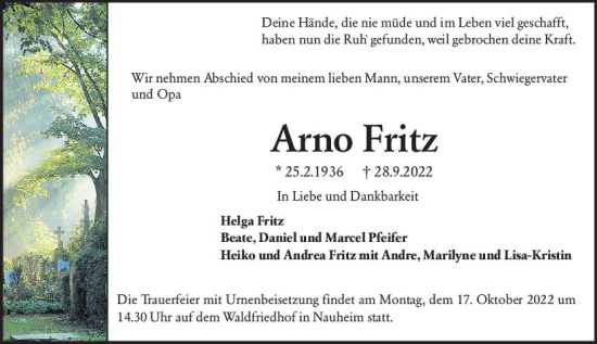 Traueranzeige von Arno Fritz von vrm-trauer Rüsselsheimer Echo / MainSpitze