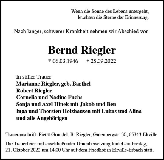 Traueranzeige von Bernd Riegler von vrm-trauer Wiesbadener Kurier