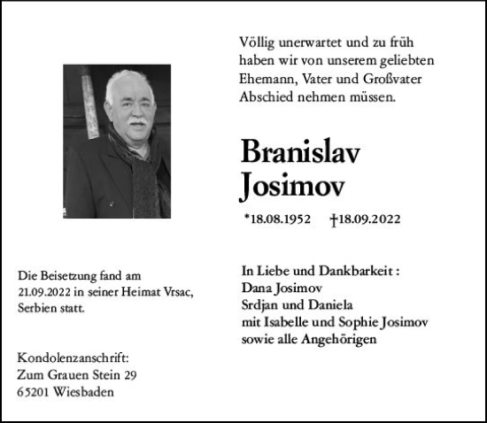 Traueranzeige von Branislav Josimov von vrm-trauer Wiesbadener Kurier