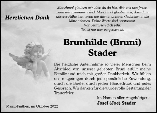 Traueranzeige von Brunhilde Stader von vrm-trauer AZ Mainz