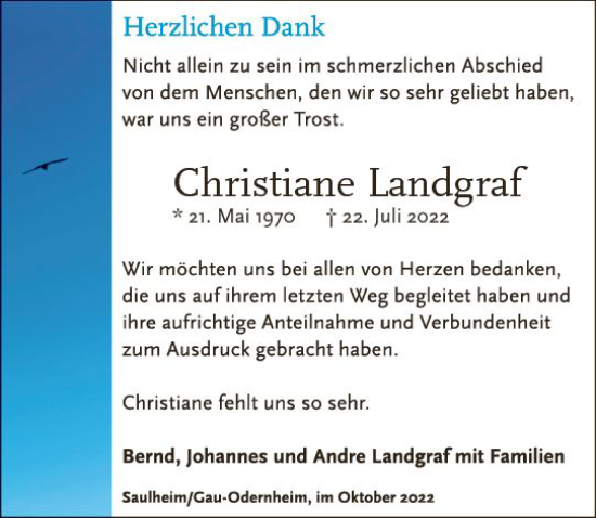 Traueranzeige von Christiane Landgraf von vrm-trauer Allgemeine Zeitung Alzey