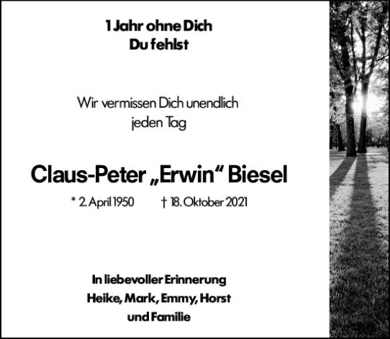 Traueranzeige von Claus-Peter Biesel von vrm-trauer Wiesbadener Kurier