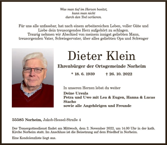 Traueranzeige von Dieter Klein von vrm-trauer Allg. Zeitung Bad Kreuznach