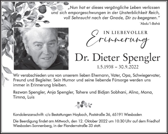 Traueranzeige von Dieter Spengler von vrm-trauer Wiesbadener Kurier