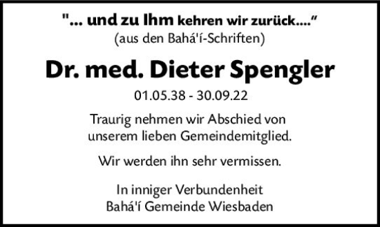 Traueranzeige von Dieter Spengler von vrm-trauer Wiesbadener Kurier