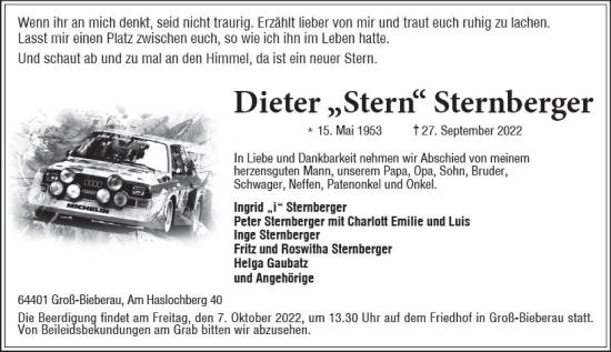 Traueranzeige von Dieter Sternberger von vrm-trauer Darmstädter Echo