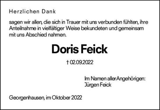 Traueranzeige von Doris Feick von vrm-trauer Darmstädter Echo