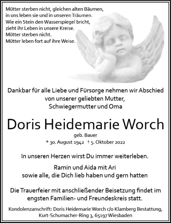 Traueranzeige von Doris Heidemarie Worch von vrm-trauer Wiesbadener Kurier