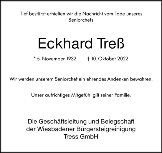 Traueranzeige von Eckhard Treß von vrm-trauer Wiesbadener Kurier