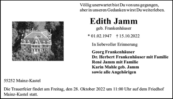 Traueranzeige von Edith Jamm von vrm-trauer Wiesbadener Kurier