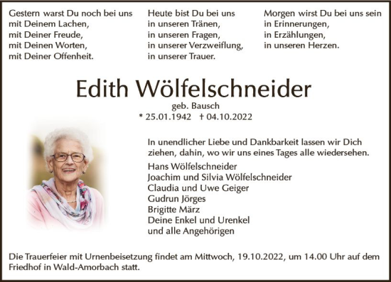 Traueranzeige von Edith Wölfelschneider von vrm-trauer Odenwälder Echo