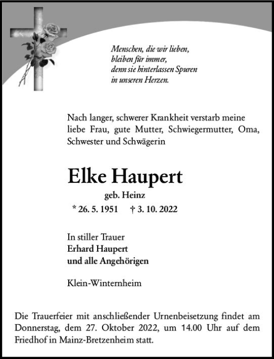 Traueranzeige von Elke Haupert von vrm-trauer AZ Mainz