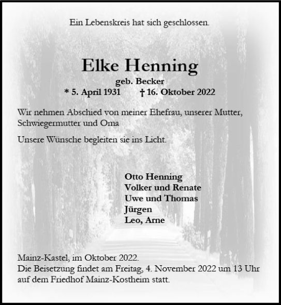 Traueranzeige von Elke Henning von vrm-trauer Wiesbadener Kurier