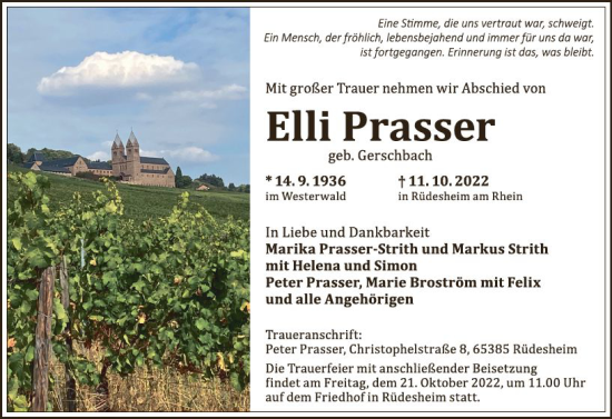 Traueranzeige von Elli Prasser von vrm-trauer Rheingau